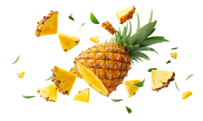 Fotografia di ananas volanti con foglie su sfondo trasparente. Freschi e succosi, ideali per l'estate.
