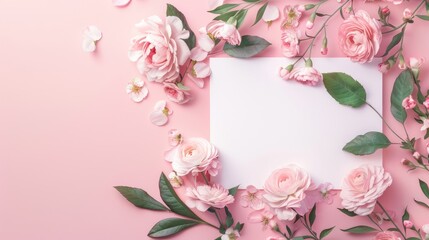 Fototapeta premium Text message card with floral decor on pink backdrop