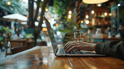 A man working with a laptop computer on a wooden bar in a cafe, embodying business and digital marketing concepts. The scene shows him interacting with a data interface for processing.