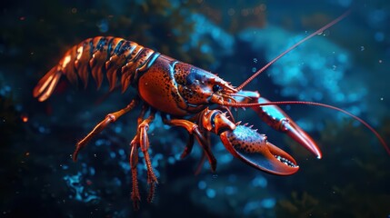 A majestic lobster showcased in an ultramodern, supernatural scene, with copy space