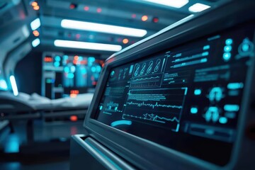 Fototapeta premium A medical equipment ad depicts an ultramodern, supernatural scene, with copy space, where cuttingedge medical devices are displayed with glowing interfaces in a futuristic showroom