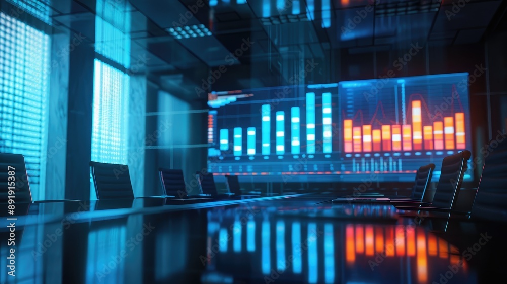 Poster bar graph with economic data on a large display in a boardroom