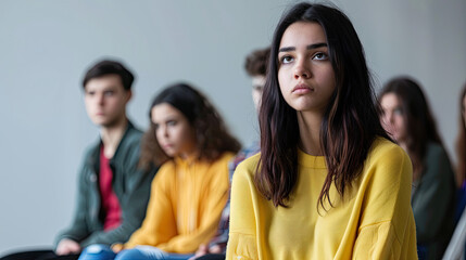 Fototapeta premium Sad Depressed Woman at Support Group Meeting for Mental Health and Addiction Issues, Emotional Support Session, Mental Health Care, Addiction Recovery, Group Therapy, Support Network