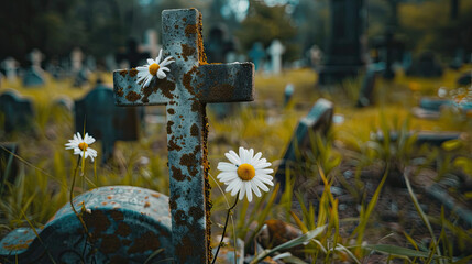 Tombstone Decorated with White Flower in the Cemetery, Memorial Tribute, Cemetery Scene, Floral Decoration, Grave Site, Respectful Remembrance, White Blossom, Peaceful Resting Place, Graveyard Tribute