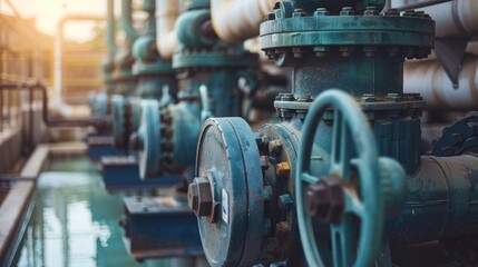 Vertical axis of large water supply pumps in front view with copy space