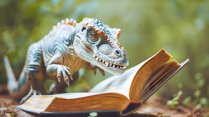 Curious reptile lizard or small dinosaur reading or studying a nature or biology encyclopedia book in a lush green garden or forest environment with natural light and textures