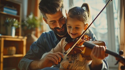 A father lovingly assists his young daughter as she plays the violin, encapsulating a tender moment of guidance, music learning, and the deep bond of familial love in a cozy setting.