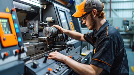 Fototapeta premium Factory worker operating a CNC machine, focused on a digital control panel, cutting-edge machinery, precision metalworking, industrial technology, copy space