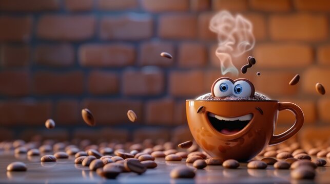 Perky coffee buddy: 3d cute cartoon happy coffee bean character with steam - adding charm to your day with a lovable animated coffee bean, exuding happiness and warmth from a full cup of joe