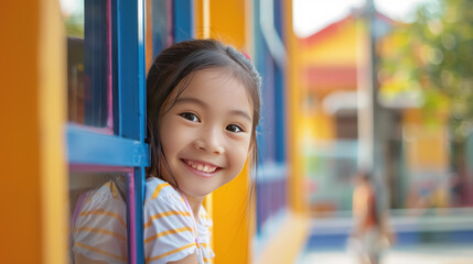 happy little girl peeking from classroom window, enjoying first day in school