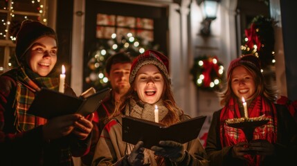 Neighbors singing Christmas carols door to door, holding candles and songbooks, warmly dressed, festive wreaths on doors, cheerful atmosphere, copy space
