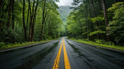 Obraz premium Long road heading into the Great Smoky Mountains National Park, Tennessee, with panoramic views of lush forests and rugged mountains