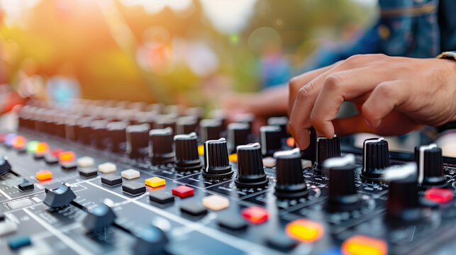 Sound recording studio mixing desk with engineer or music producer pov. mixing consoles, soundproofing panels, and high-quality studio equipment. 