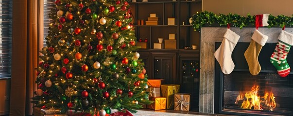 Living room with a tall Christmas tree adorned with colorful ornaments and twinkling lights, stockings hung by the fireplace, cozy and inviting, copy space