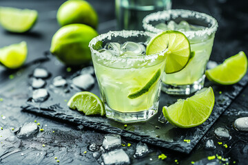 Fototapeta premium Two margarita cocktails with ice, lime wedges, and salt rims, placed on a black slate board
