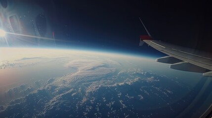 Fototapeta premium Plane window photo featuring wing, clouds, and Earth's curve in high-altitude space-like environment