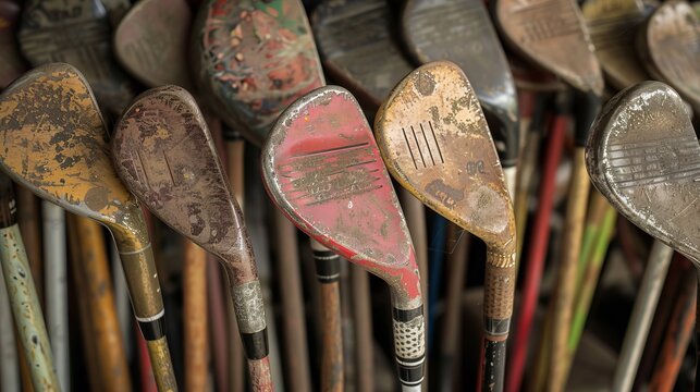 Assorted vintage golf clubs showing visible rusting and wear, arranged together, highlighting the history and longevity of these classic sporting tools.