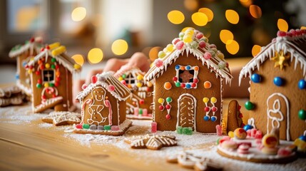 Family making gingerbread houses together, colorful icing and candy decorations, cozy kitchen setting, holiday spirit, warm lighting, joyful atmosphere, copy space