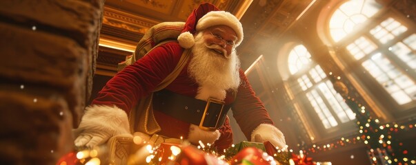 Santa Claus squeezing through a chimney, carrying a sack full of presents, festive room with Christmas decorations below, warm glow, copy space