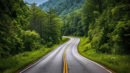 Fototapeta premium Scenic route leading to the Great Smoky Mountains National Park, Tennessee, with a long, winding road surrounded by rich greenery