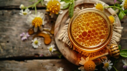 Fototapeta premium organic honey inspiration, organic floral honey jar and honeycomb pattern on a wooden surface symbolize the sweetness and purity of nature