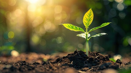 Small plant with natural growth and sunlight, celebrating Earth Day and promoting sustainable agricultural practices