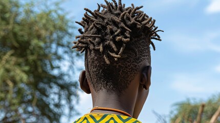 A closeup of a person with short dreadlocks hairstyle facing away from the camera, set against a background of trees and blue sky. Natural, cultural, and relaxed vibes.
