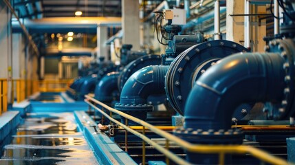 Vertical axis of large water supply pumps in front view with copy space