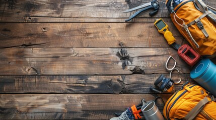 An array of camping and hiking gear, including backpacks, ropes, navigation tools, and a few other essentials, all placed on a rustic wooden floor background.
