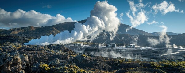 Panoramic view of a geothermal power plant emitting steam from ground vents, surrounded by rugged volcanic terrain, renewable energy solution, harnessing earth's heat, copy space