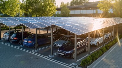 Modern solar carports in a parking lot, cars parked under solar panels, dual-purpose solar energy, efficient space use, green energy solution, urban sustainability, copy space