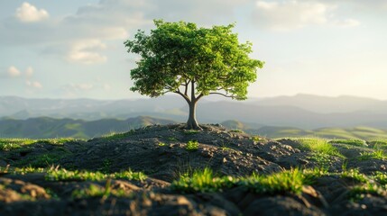 Fototapeta premium World Environment Day 2024 focus on land restoration and drought resilience, visualized with a 3D tree and restored landscape