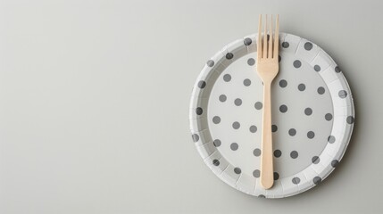 Gray polka dot paper plate with plastic utensils on light gray background Birthday party and picnic decorations with copy space