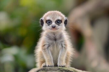 Fototapeta premium A meerkat stands upright, focused on its surroundings, with a backdrop of natural, greenery-filled foliage.