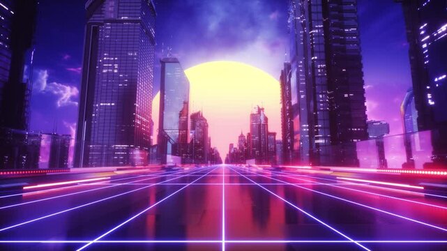 Futuristic City with Endless road at Sunset Time SynthWave Background Loop