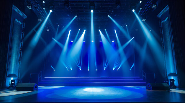 Illuminated stage with dramatic blue lighting and spotlights, ideal for performances or events