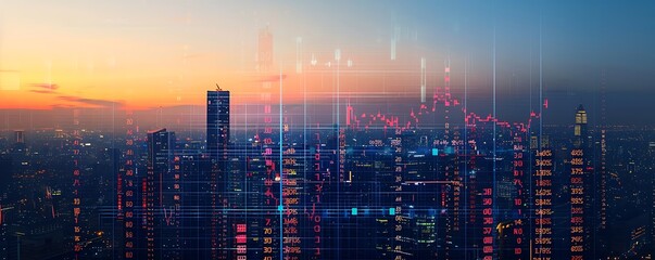 Cityscape silhouette at dusk, financial data overlaid with abstract grid patterns, color-coded graphics, digital wallpaper.