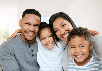 Fototapeta premium Family, portrait and children selfie in house, love and relationship with people together in apartment. Happiness, memory capture and kids smiling for weekend break, bonding and social media for post