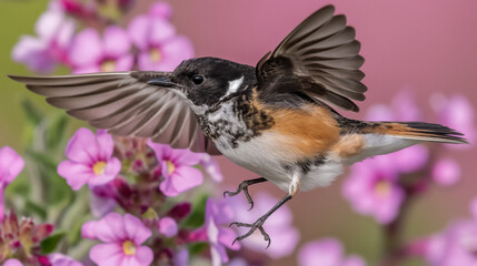 A small bird captured mid-flight with wings spread wide among vibrant pink flowers