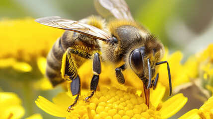 Macro of a honeybee collecting pollen from a vibrant yellow flower
