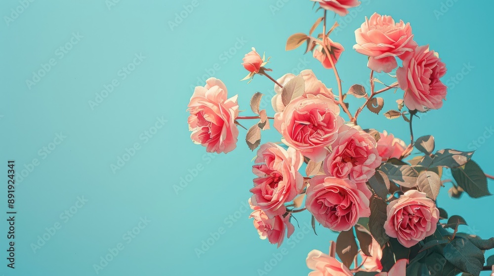 Wall mural pink roses against blue backdrop