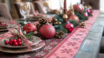 Fototapeta premium holiday table runner, elevate your christmas table decor with a festive pink and brown runner featuring holiday motifs, adding a charming touch to your celebrations