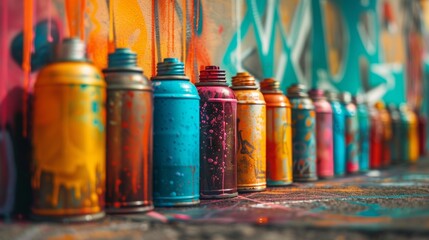 rows of spray paint cans against a gritty cityscape backdrop, capturing the essence of street art