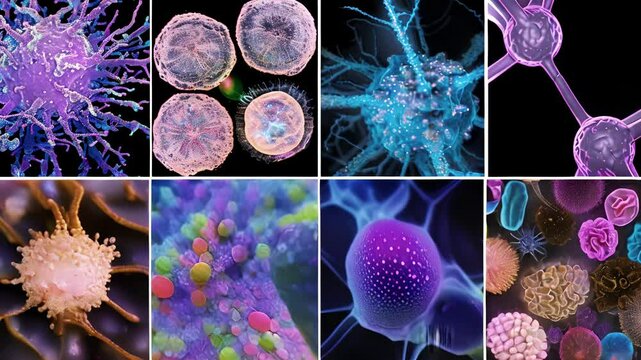 Collage of lymph node images showcasing the variety of immune cells present including plasma cells natural killer cells and memory T cells.