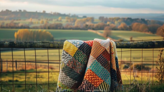 Colorful patchwork quilt draped over wooden fence in rural landscape