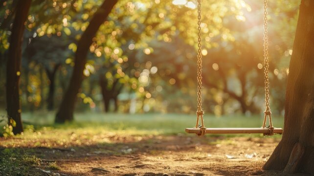 Empty wooden swing hangs from tree in sunlit forest