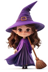 A high-resolution 3D cartoon illustration of a cute witch with a pointy hat and a broom, whimsical and charming, front-facing view.