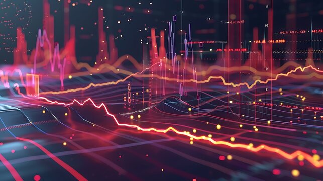 Cinematic financial data visualization with a crimson graph and an ECG pulse undulating across a 3D world