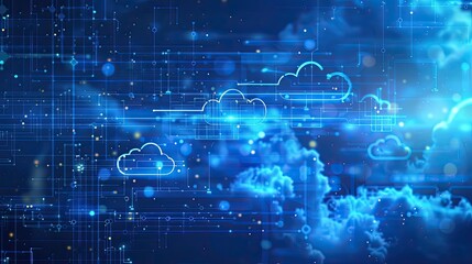 Fototapeta premium A digital abstract background with cloud computing symbols and technological blueprints for business applications