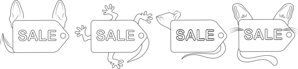 set of simple sale labels for veterinary clinic with paws tail whiskers ears various animals drawn in black outline, vector illustration